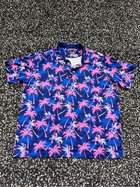 Deolax Men’s 3XL Tropical Palm Tree Performance Golf Polo Pink Blue